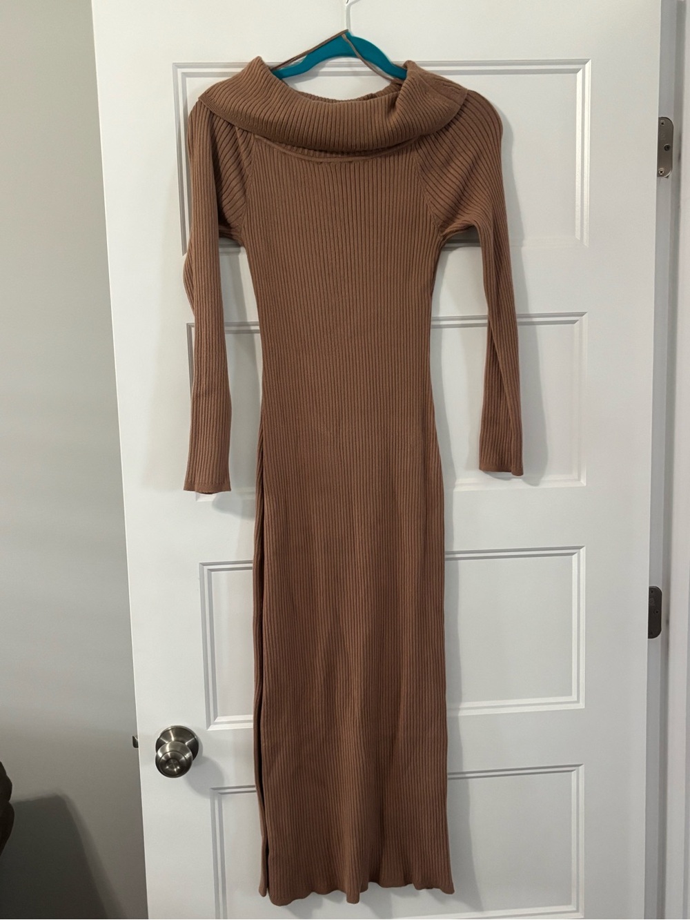 Slim Ribbed Maxi Dress with Fold-Over Cowl Neck in Tan